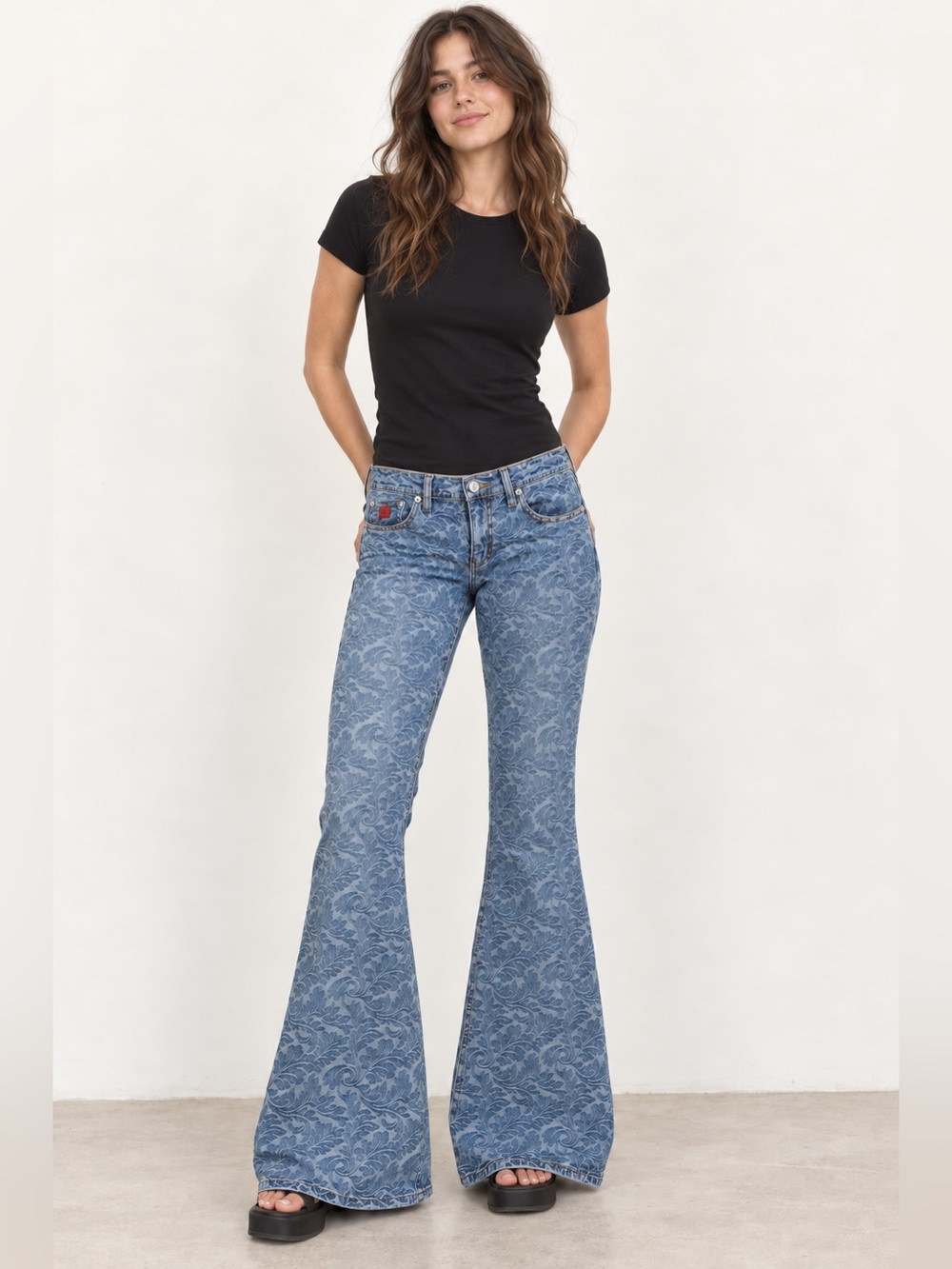 Bongo Let Me B Vintage Y2K Floral Scroll Print Flare Jeans Womens 9 Low Rise